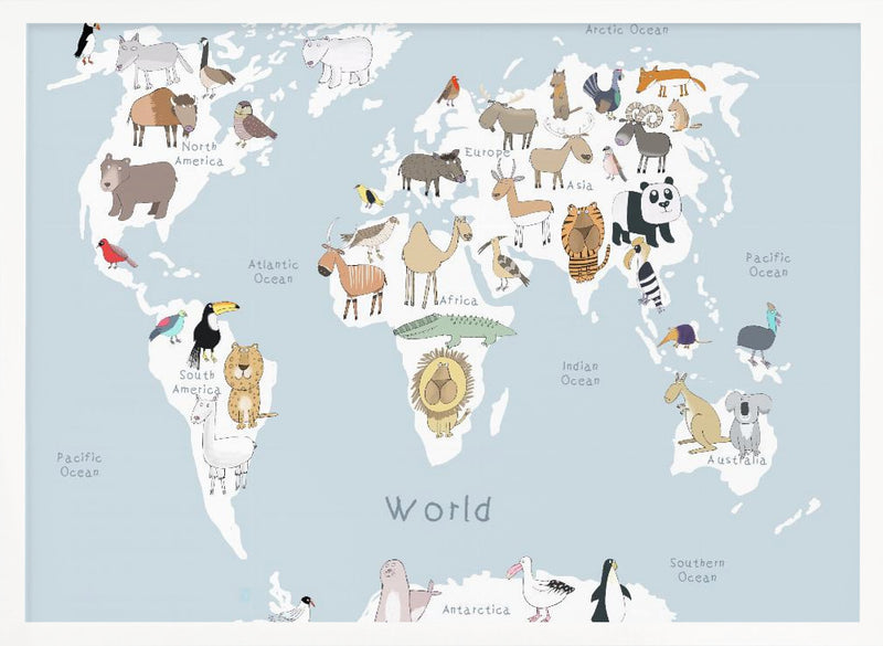 Illustrated Map of the World with Cute Animals - Stretched Canvas, Poster or Fine Art Print I Heart Wall Art