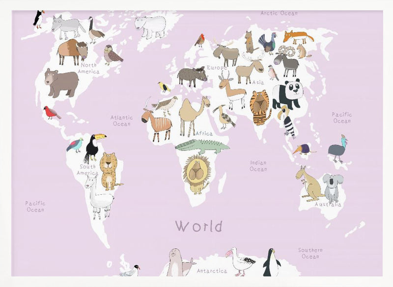 Illustrated Map of the World with Cute Animals - Stretched Canvas, Poster or Fine Art Print I Heart Wall Art