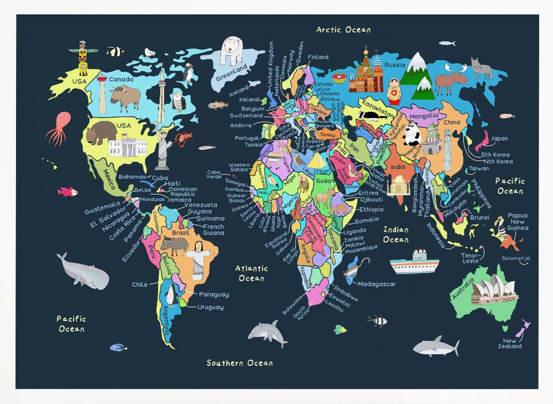 Educational Illustrated Map of the World for Kids - Stretched Canvas, Poster or Fine Art Print I Heart Wall Art