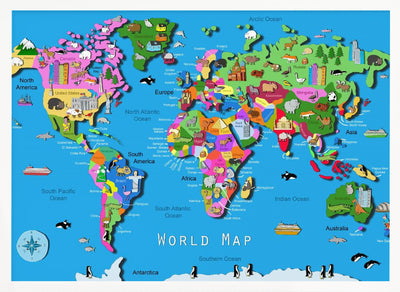 Illustrated World Map with Countries and Continents by Carla Daly - Stretched Canvas, Poster or Fine Art Print I Heart Wall Art