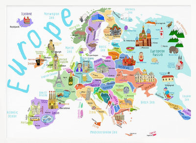 Illustrated Map of Europe by Map Illustrator Carla Daly - Stretched Canvas, Poster or Fine Art Print I Heart Wall Art