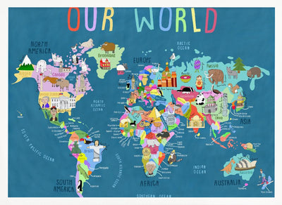 Our World Illustrated World Map for Kids - Stretched Canvas, Poster or Fine Art Print I Heart Wall Art