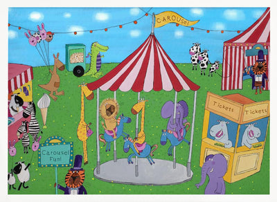 Welcome to the Carousel with Funny Animals by Artist Carla Daly - Stretched Canvas, Poster or Fine Art Print I Heart Wall Art