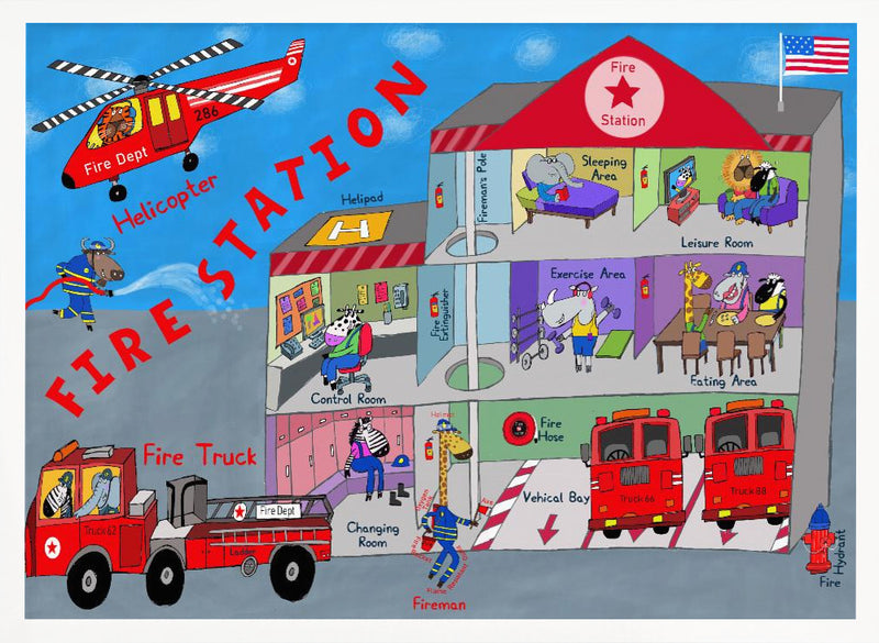 Firemen and the Fire Station by Artist Carla Daly - Stretched Canvas, Poster or Fine Art Print I Heart Wall Art