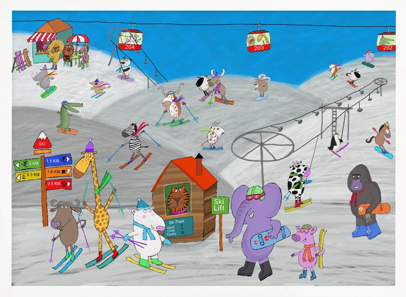 Funny Animals Enjoying the Ski Slopes by Illustrator Carla Daly - Stretched Canvas, Poster or Fine Art Print I Heart Wall Art