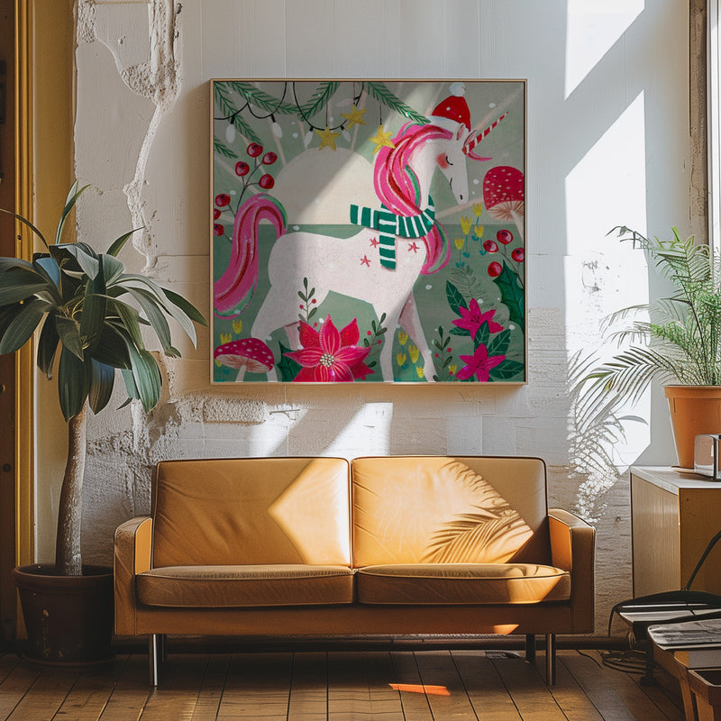 Christmas Unicorn - Square Stretched Canvas, Poster or Fine Art Print I Heart Wall Art