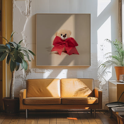 Teddy Bear with Red Bow - Square Stretched Canvas, Poster or Fine Art Print I Heart Wall Art