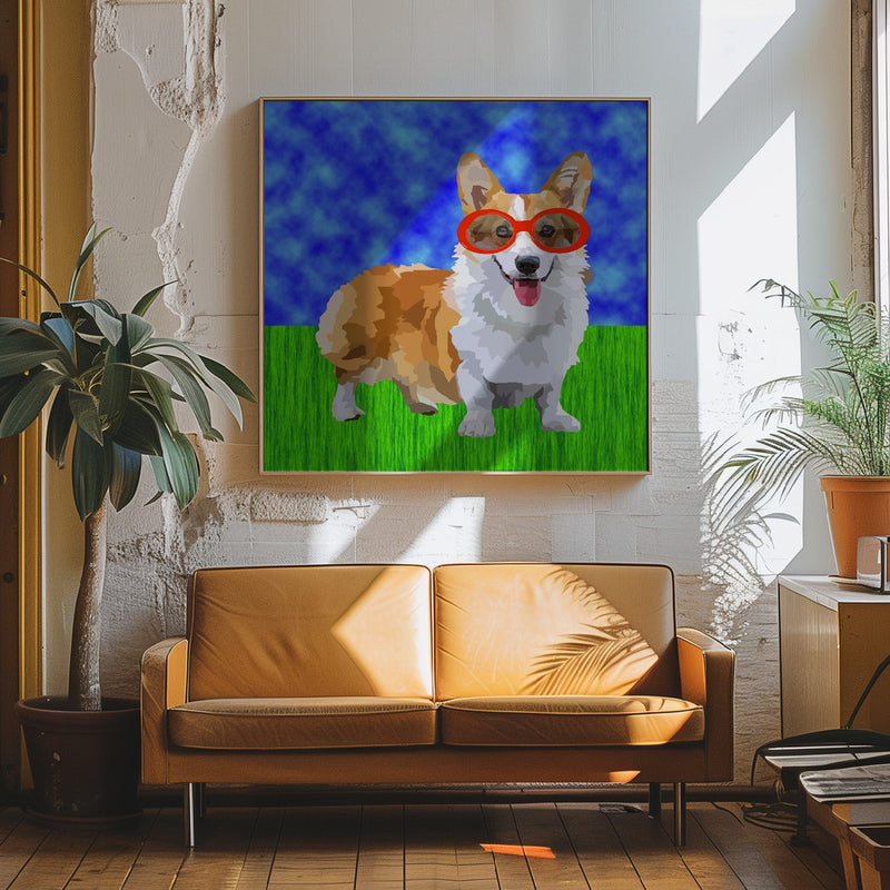 Corgi in Sunglasses - Square Stretched Canvas, Poster or Fine Art Print I Heart Wall Art