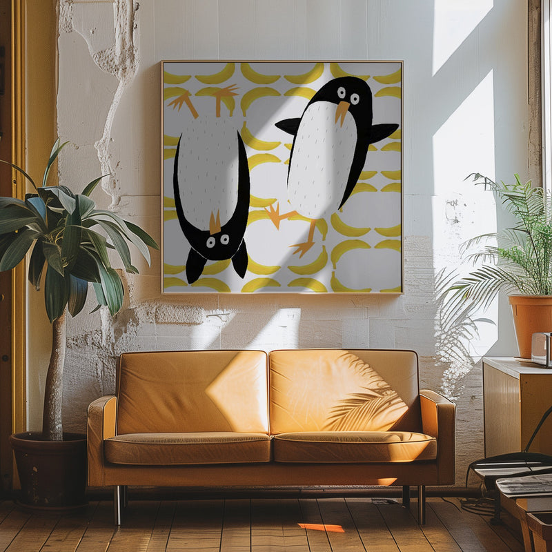 Funny Penguins with Banana Pattern Background by Carla Daly - Square Stretched Canvas, Poster or Fine Art Print I Heart Wall Art