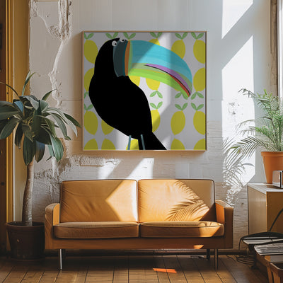 Tropical Toucan Bird with Lemon Pattern Background by Carla Daly - Square Stretched Canvas, Poster or Fine Art Print I Heart Wall Art