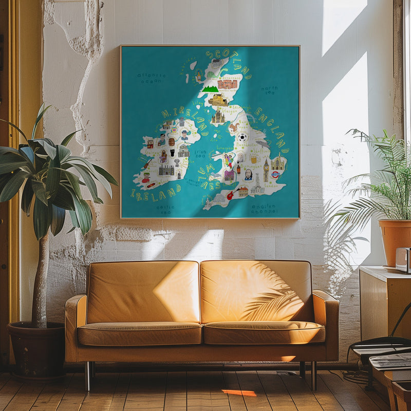 Map of UK and Ireland with Country Icons by Artist Carla Daly - Square Stretched Canvas, Poster or Fine Art Print I Heart Wall Art