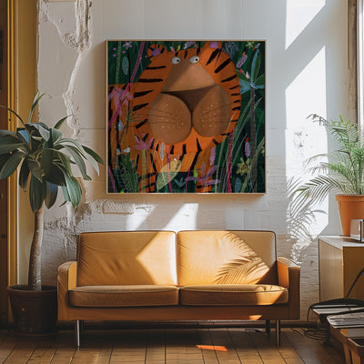 Cute Tiger Peeking Out of the Jungle by Artist Carla Daly - Square Stretched Canvas, Poster or Fine Art Print I Heart Wall Art