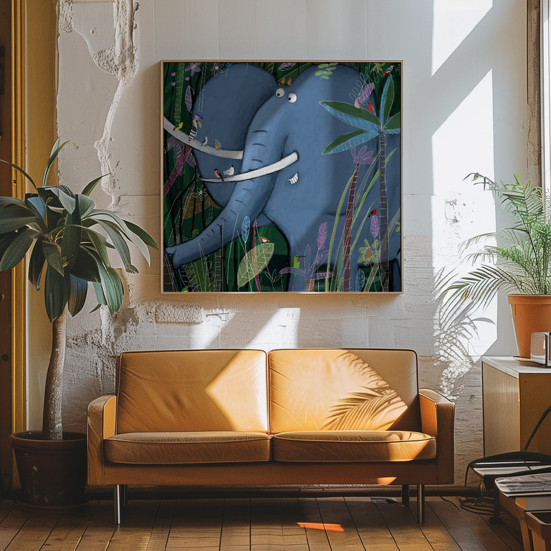 Large Elephant Peeks Out of the Jungle by Artist Carla Daly - Square Stretched Canvas, Poster or Fine Art Print I Heart Wall Art