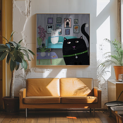 Black Cat and White Dog in Trendy Interior by Carla Daly - Square Stretched Canvas, Poster or Fine Art Print I Heart Wall Art