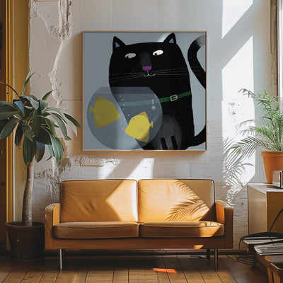 Black Cat Eyeing Up Yellow Fish in fish Bowl by Artist Carla Daly - Square Stretched Canvas, Poster or Fine Art Print I Heart Wall Art