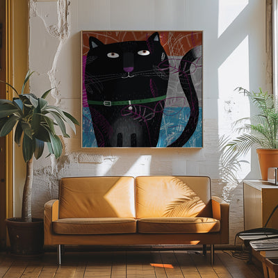 Black Cat with Falling Autumnal Leaves by Artist Carla - Square Stretched Canvas, Poster or Fine Art Print I Heart Wall Art