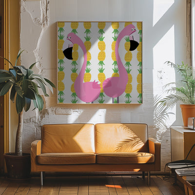 Two Falmingos with Pineapples by Artist Carla Daly - Square Stretched Canvas, Poster or Fine Art Print I Heart Wall Art