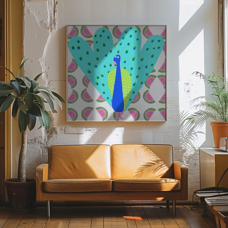 Electric Peacock with Watermelon Pattern by Artist Carla Daly - Square Stretched Canvas, Poster or Fine Art Print I Heart Wall Art