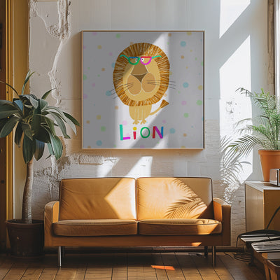 Funny Lion Wearing Glasses by Artist Carla Daly - Square Stretched Canvas, Poster or Fine Art Print I Heart Wall Art