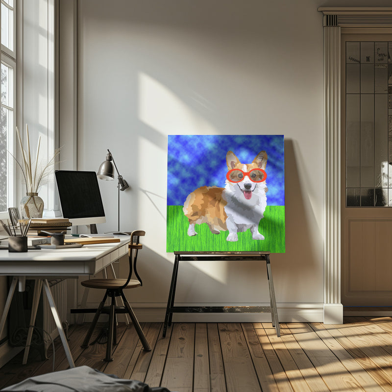 Corgi in Sunglasses - Square Stretched Canvas, Poster or Fine Art Print I Heart Wall Art