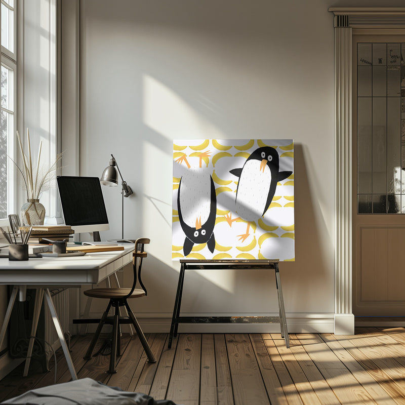 Funny Penguins with Banana Pattern Background by Carla Daly - Square Stretched Canvas, Poster or Fine Art Print I Heart Wall Art