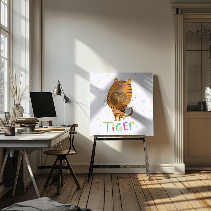 Happy Tiger Wearing Glasses by Illustrator Carla Daly - Square Stretched Canvas, Poster or Fine Art Print I Heart Wall Art