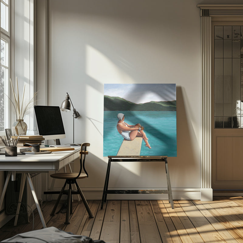 Swimmer At Lake - Square Stretched Canvas, Poster or Fine Art Print I Heart Wall Art