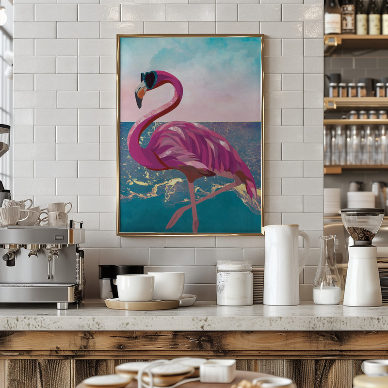 Flamingo goes to the beach - Stretched Canvas, Poster or Fine Art Print I Heart Wall Art