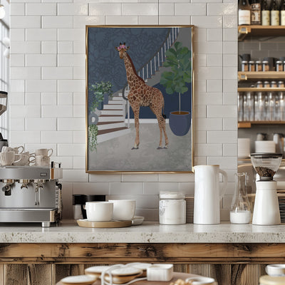 Giraffe by the stairs - Stretched Canvas, Poster or Fine Art Print I Heart Wall Art