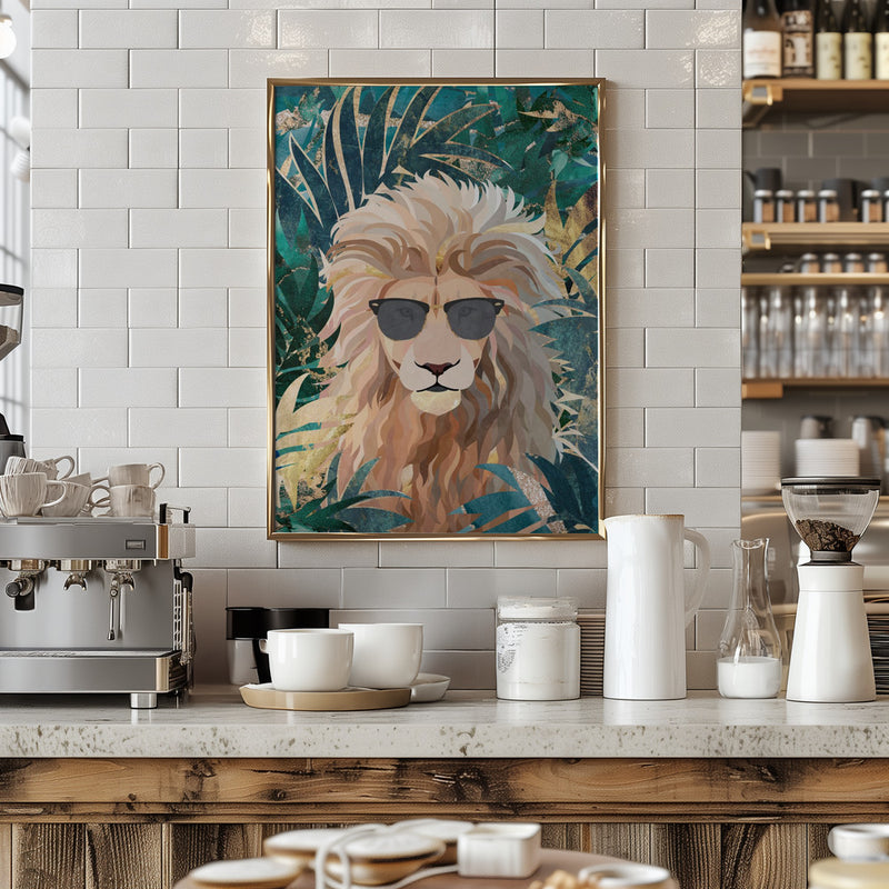 Cool Tropical Lion in Sunglasses - Stretched Canvas, Poster or Fine Art Print I Heart Wall Art