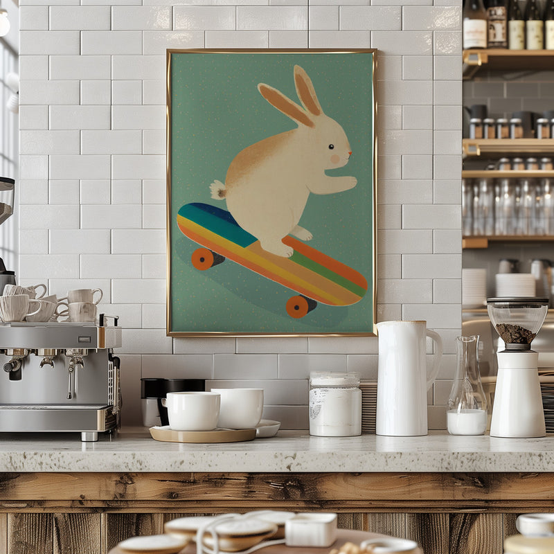 Bunny On Skateboard - Stretched Canvas, Poster or Fine Art Print I Heart Wall Art