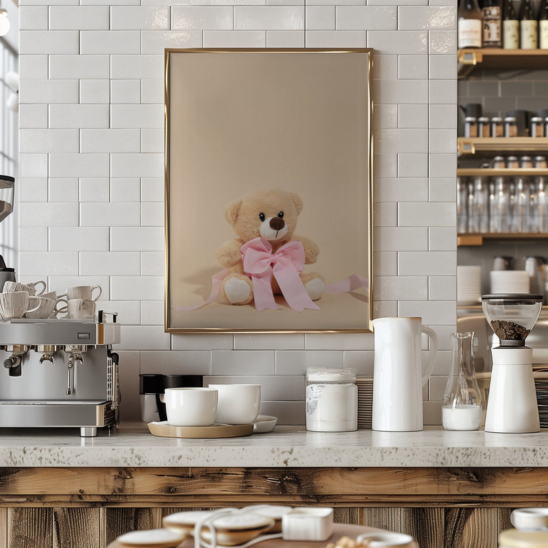 Teddy Bear with Pink Bow - Stretched Canvas, Poster or Fine Art Print I Heart Wall Art