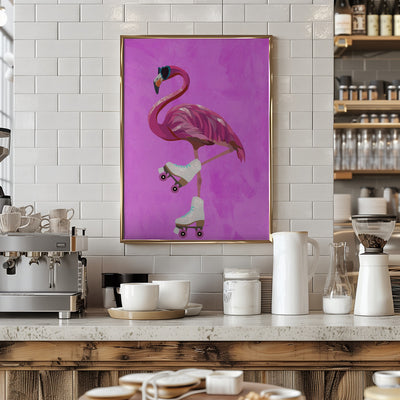 Pink Flamingo Roller Skating - Stretched Canvas, Poster or Fine Art Print I Heart Wall Art