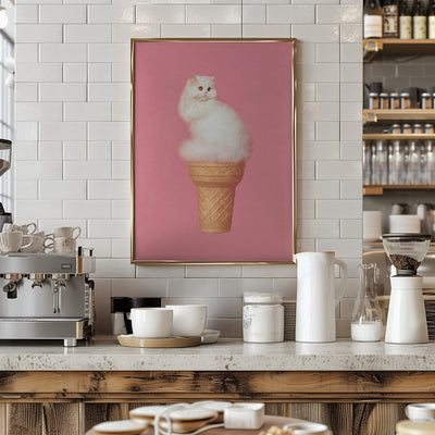 Cat Ice Cream - Pink - Stretched Canvas, Poster or Fine Art Print I Heart Wall Art