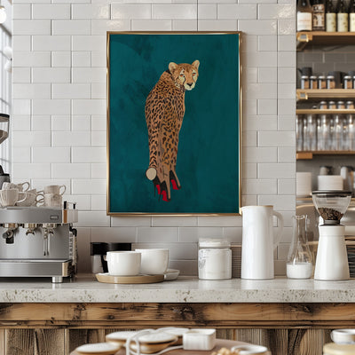 Turquoise cheetah in heels - Stretched Canvas, Poster or Fine Art Print I Heart Wall Art