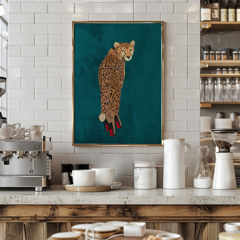 Turquoise cheetah in heels - Stretched Canvas, Poster or Fine Art Print I Heart Wall Art