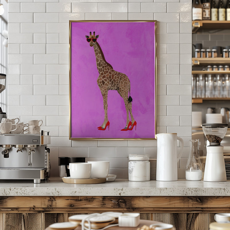 Giraffe wearing heels and heart glasses pink - Stretched Canvas, Poster or Fine Art Print I Heart Wall Art