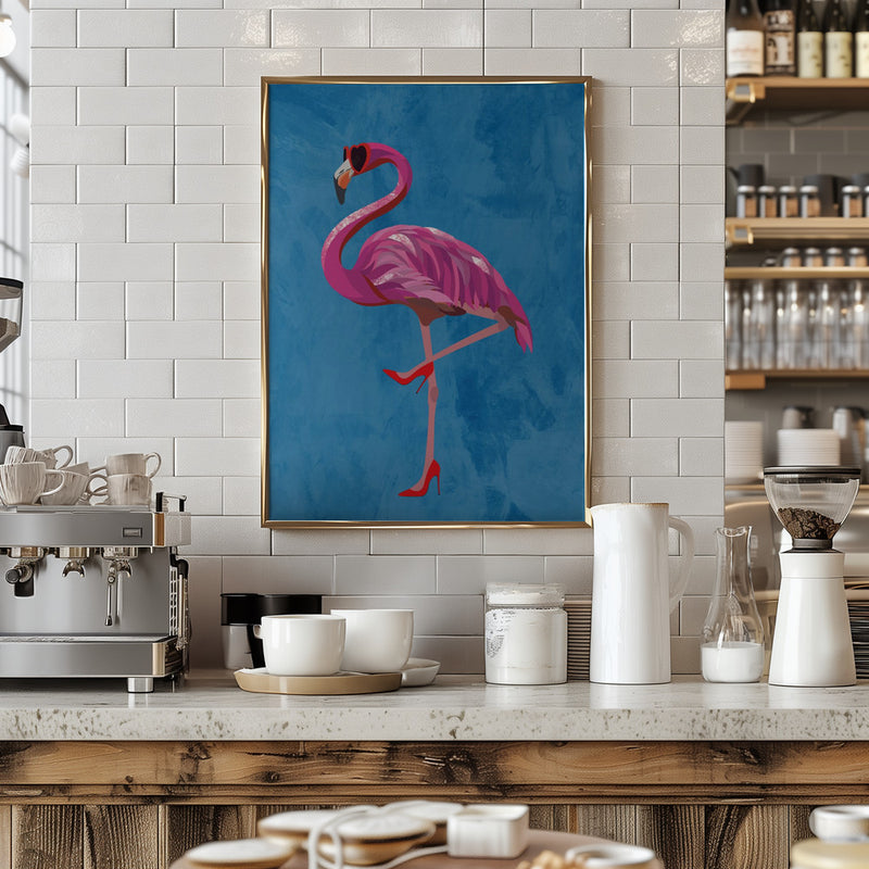 Flamingo in heels and heart glasses blue - Stretched Canvas, Poster or Fine Art Print I Heart Wall Art