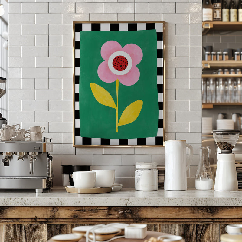 Pink Flower with Yellow Leaves - Stretched Canvas, Poster or Fine Art Print I Heart Wall Art