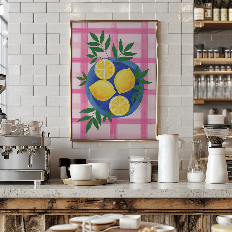 Lemons on a Blue Plate - Stretched Canvas, Poster or Fine Art Print I Heart Wall Art