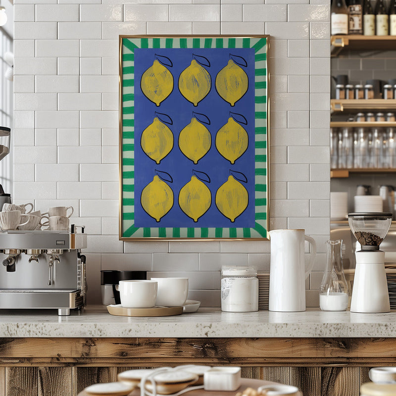 Vibrant Yellow Lemons on a Deep Blue - Stretched Canvas, Poster or Fine Art Print I Heart Wall Art