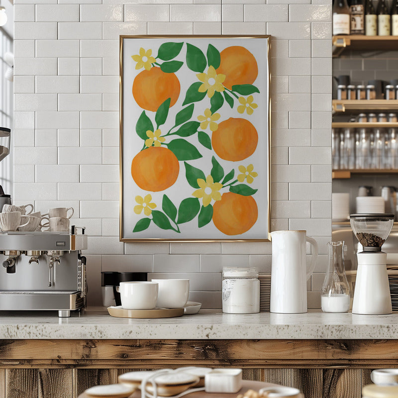 Oranges with Green Leaves and Delicate Yellow Flowers - Stretched Canvas, Poster or Fine Art Print I Heart Wall Art