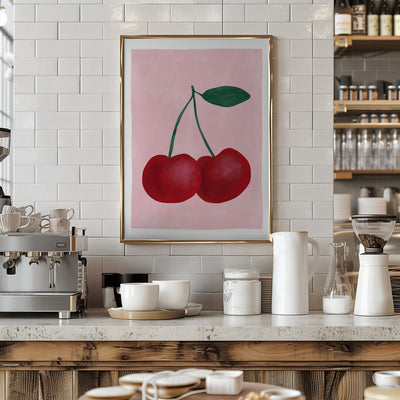 Red Cherries with a Green Leaf - Stretched Canvas, Poster or Fine Art Print I Heart Wall Art