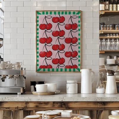 Red Cherries on a Pink - Stretched Canvas, Poster or Fine Art Print I Heart Wall Art