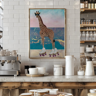 Giraffe On Holiday rollerskating - Stretched Canvas, Poster or Fine Art Print I Heart Wall Art