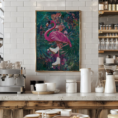 Tropical Floral Jungle - FLamingo rollerskating - Stretched Canvas, Poster or Fine Art Print I Heart Wall Art