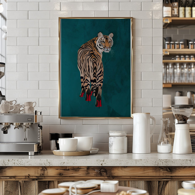 Tiger in heels - teal - Stretched Canvas, Poster or Fine Art Print I Heart Wall Art