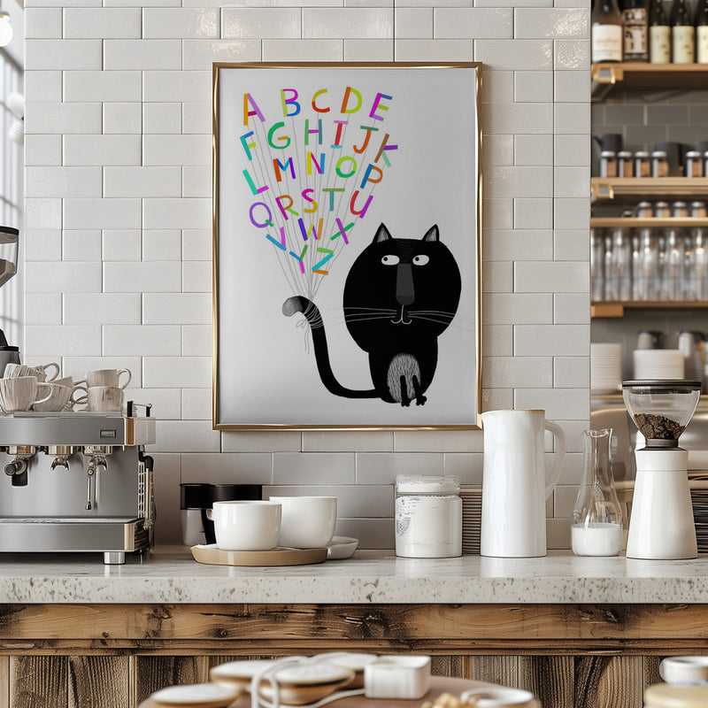 Cute Black Cat with Alphabet Letters by Carla Daly - Stretched Canvas, Poster or Fine Art Print I Heart Wall Art