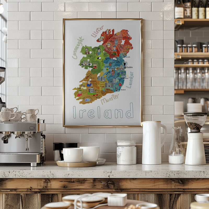 Illustrated Map of Ireland with Country Icons by Carla Daly - Stretched Canvas, Poster or Fine Art Print I Heart Wall Art