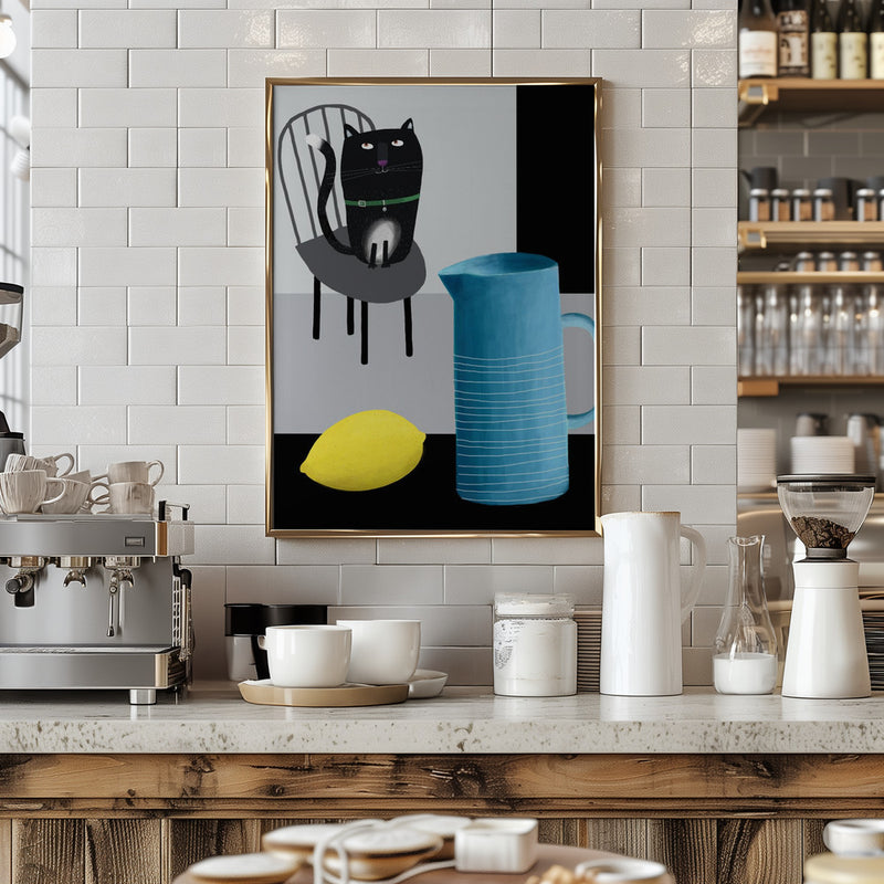 Cute Black Cat sitting on a Chair with Blue Vase and Lemon - Stretched Canvas, Poster or Fine Art Print I Heart Wall Art